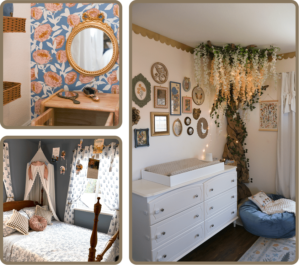 Cozy bedroom corner with floral wallpaper and vintage decor.