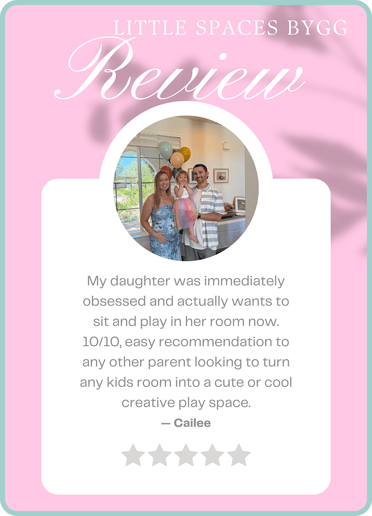 Happy family photo highlighting a positive review of a kids' creative play space.